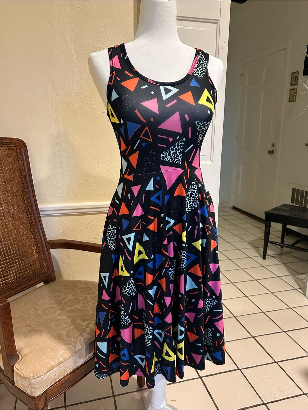 1990’s Black Geometric Print Fit & Flare Dress - Multicolor